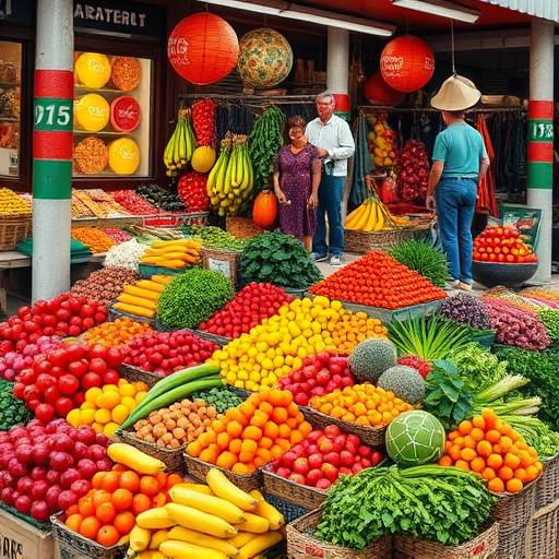 A diverse assortment of fresh, colorful fruits and vegetables displayed in a market stall, representing healthy eating habits.