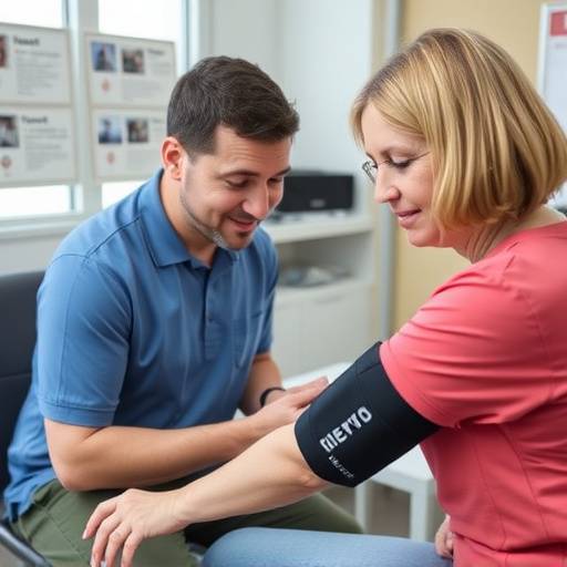 A medical professional performing a blood pressure check on a patient.