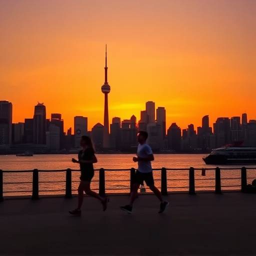 A person running along the Toronto waterfront trail at sunset, symbolizing the importance of regular physical activity.
