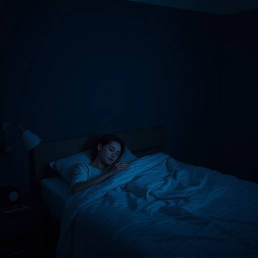 A person sleeping peacefully in a dark, quiet, and cool bedroom.